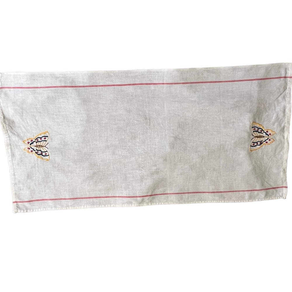 Vintage Linen & Hand Sewn & Hand Embroidered Butterfly Table Runner
